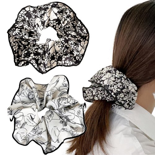 2 PACK Ink Painting Silk Scrunchies, French Retro Satin Hair Ties, Satin Scrunchies with Long Rib...