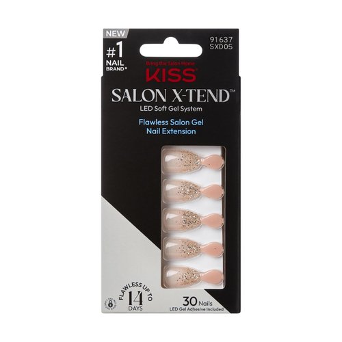 KISS Salon X-tend, Press-On Nails, Nail glue included, 'Red Flags', Light Pink, Medium Size, Almond Shape, Includes 30 Nails, 5Ml Led Soft Gel Adhesive, 1 Manicure Stick, 1 New Mini File, New Prep Pad