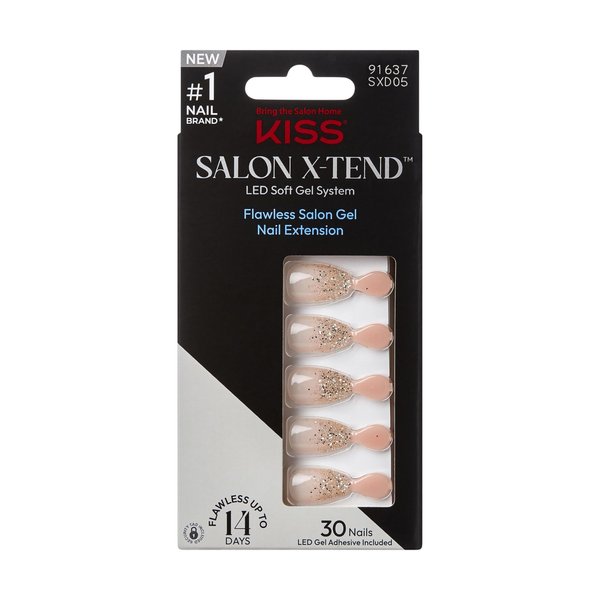 KISS Salon X-tend, Press-On Nails, Nail glue included, 'Red Flags', Light Pink, Medium Size, Almond Shape, Includes 30 Nails, 5Ml Led Soft Gel Adhesive, 1 Manicure Stick, 1 New Mini File, New Prep Pad