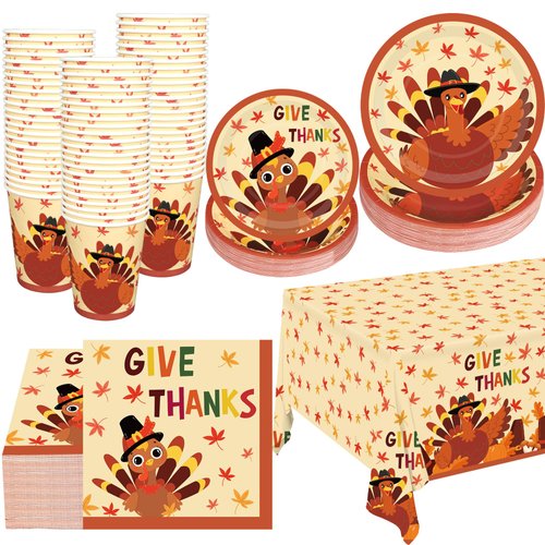 101 Pcs Thanksgiving Party Supplies Disposable Turkey Plates Cups Napkins Tablecloth Tableware Set Give Thanks Paper Dinnerware for Fall Holiday Party Supplies Decoration, Serve for 25