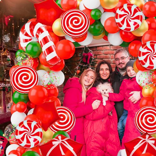 Dendrim 172PCS Christmas Balloons Garland Arch Kit, Red White Green Gold Holiday Party Balloons Decorations with Candy Cane Gifts Box Red Star Foil Balloons for Xmas Themed Birthday Party Supplies