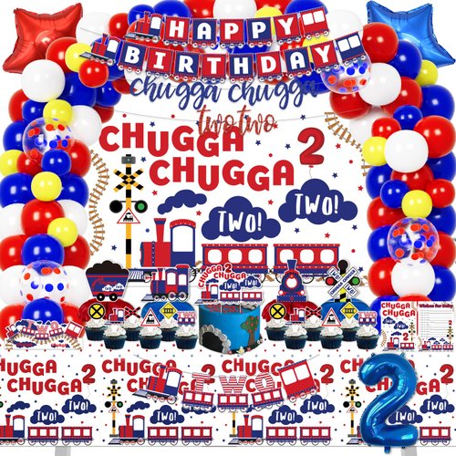 LXlucktim Chugga Chugga Two Two Party Decorations, 133 Pcs Ttrain Second 2nd Birthday Party Supplies for Boys Baby - Banner, Cake Toppers, Balloons, Tablecloth, Centerpieces, Crown, Poster