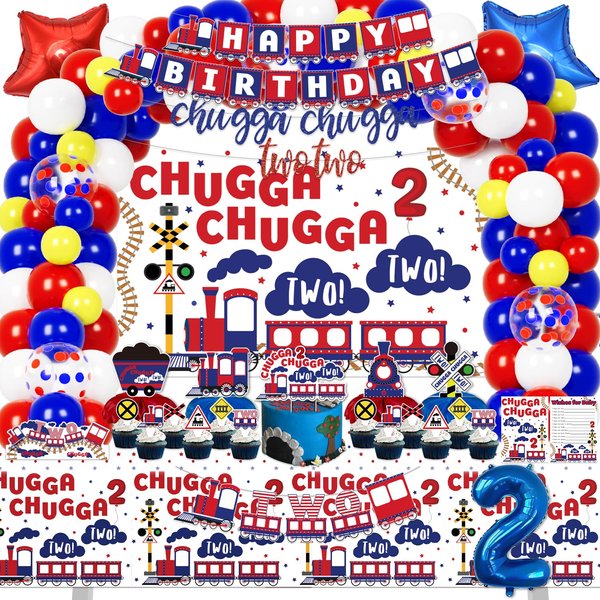 LXlucktim Chugga Chugga Two Two Party Decorations, 133 Pcs Ttrain Second 2nd Birthday Party Supplies for Boys Baby - Banner, Cake Toppers, Balloons, Tablecloth, Centerpieces, Crown, Poster