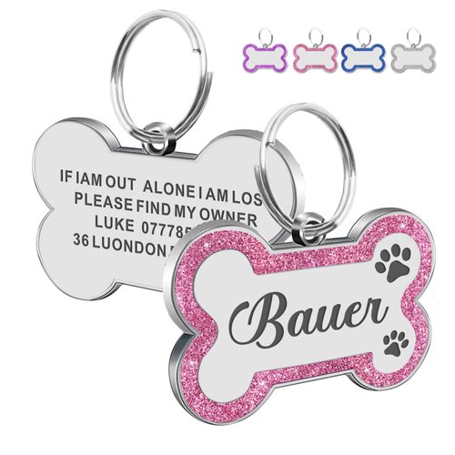 Dog Tags Engraved for Pets Personalized Dog Tag with Any Name & Text Dog Collar Custom Glitter Dog Name Tag Bone Dog ID Tag for Puppy Pet Dogs Furry Friend (Pink S, Bone)