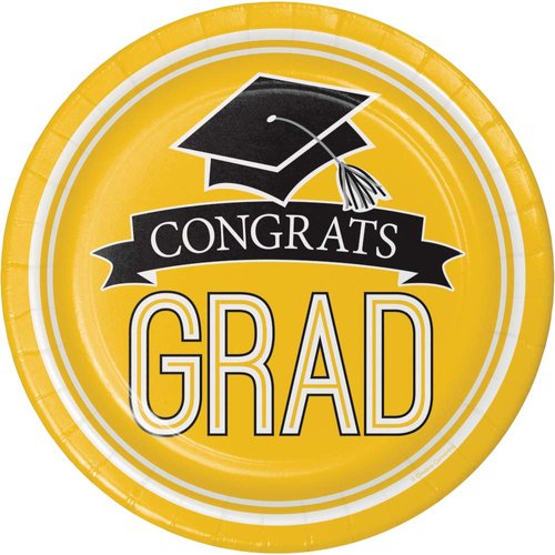 Yellow School Spirit Graduation Party Supplies: 36-Person Set | Mortarboard Caps & Congrats Grad Design | Dessert Plates & Lunch Napkins