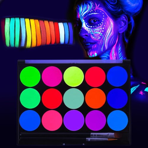 Glow UV Blacklight Face Paint,Neon Fluorescent Body Painting Palette,Water Activated Makeup Eyeliner,15 Bright Colors Water Based Glow In The Dark Party Halloween Washable for Adult Body Paint Set
