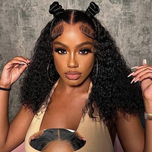 Wear and Go Glueless Wigs Human Hair Pre Plucked Pre Cut 4x4 Lace Front Wigs for Black Women Glueless Water Wave 180% Density Curly Bob Wig Human Hair 30 Seconds Install for Beginners(16 Inch)