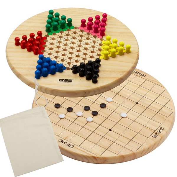 GSE 11.5" Natural Wood 2-in-1 Chinese Checkers and Gobang Board Game Set with 66 Colorful Wooden Pegs and Stones, Classic Strategy Game for Boys & Girls, Kids & Adults