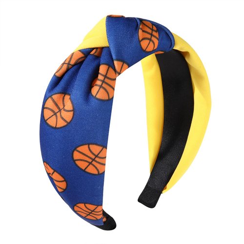 Sports Knotted Headband Baseball Football Soccer Basketball Printed Headband Headpiece Fun Game Day Top Knot Wide Headband Hair Hoop Accessories Gift for Sports Team (Blue Yellow Basketball Headband)