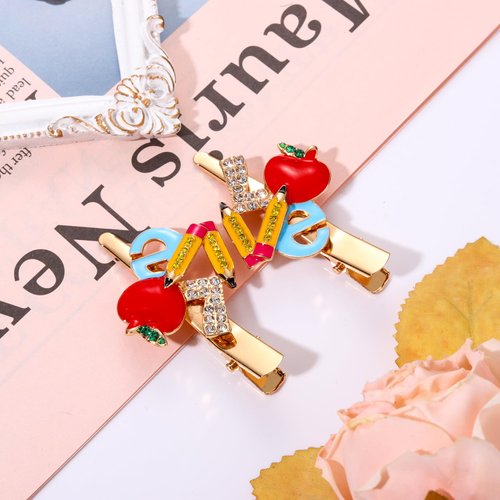 Teacher Hair Clips for Women Cute Apple Pencil Hairpins Crystal FRI-YAY Love Teacher Hair Barrettes Statement School Hair Accessory Teacher Appreciation Gifts