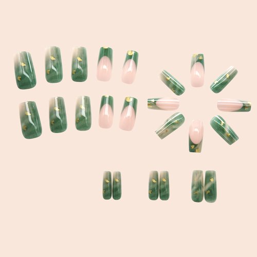 BABALAL Green Press on Nails Medium Square Fake Nails French Tip Stick on Nails Gold Design Acrylic Nails 24Pcs Squoval False Nails