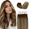 Tape in Hair Extensions Real Human Hair 18 Inch Double Sided Tape in Hair Extensions Ombre Dark Brown Highlights Medium Blonde Balayage Tape ins Human Hair Extensions for Women 50 Gram 20 Piece