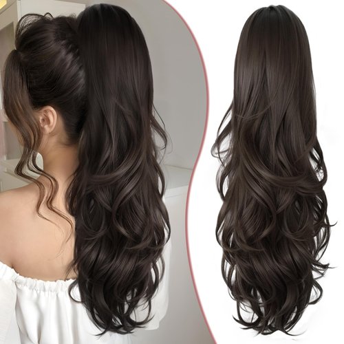 SHNMIN Ponytail Extension, Drawstring Ponytail Extension for Women 24 Inch Long Wavy Pony Tails Clip in Ponytail Hair Extensions Synthetic Layered Ponytail for Daily Use