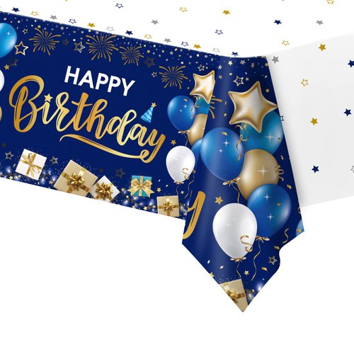 DUAIAI Happy Birthday Decorations, 1 Pcs Navy Blue and Gold Birthday Tablecloth for Boys Girls Men Women, Plastic Disposable Rectangle Table Cover for Birthday Party Supplies- 54" x 108"