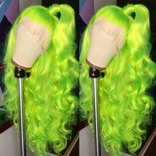 Missyvan Long Neon Green Wavy Synthetic Lace Front Wigs for Women Fluorescent Green Body Wave Pre Plucked 13×4 HD Lace Front Wigs Glueless Natural Wave for Daily Party Use