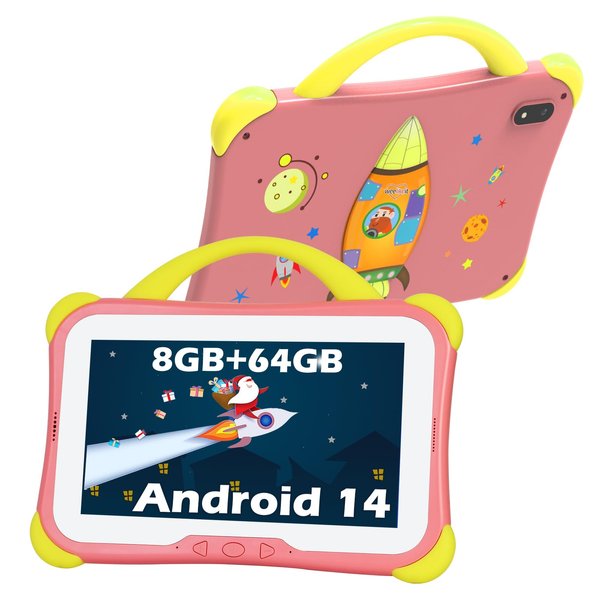 weelikeit Kids Tablet, 7 inch Tablet for Kids 8GB RAM 64GB ROM Android 14 Toddler Tablet with Bluetooth, WiFi, Dual Camera, Children Tablet with Parental Control, Educational App for Girls Boys(Pink)