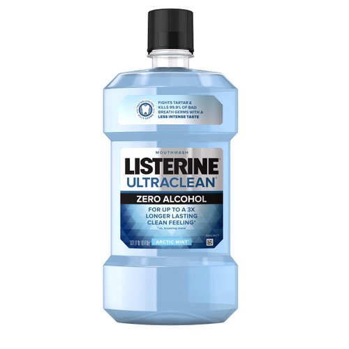 Listerine Ultraclean Zero Alcohol Tartar Control Mouthwash, Oral Rinse to Help Fight Bad Breath and Tartar, for Cleaner, Naturally White Teeth, Less Intense Arctic Mint Taste, 1 L