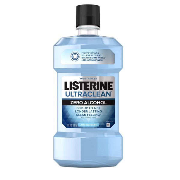 Listerine Ultraclean Zero Alcohol Tartar Control Mouthwash, Oral Rinse to Help Fight Bad Breath and Tartar, for Cleaner, Naturally White Teeth, Less Intense Arctic Mint Taste, 1 L
