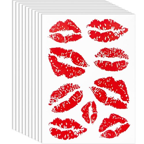 10Sheets Kiss Tattoos Temporary Red Lips Fake Tattoos Self-adhesive Waterproof Stickers for Adult Women Girls Face Body Decorations, 3.6" X 2.63"