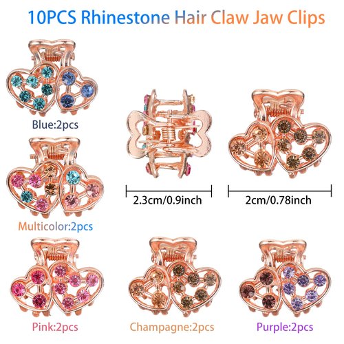 QXUJI 10PCS Rhinestone Hair Claw Jaw Clips, Crystal Metal No-slip Hair Grip Clamps, Mini Heart Bangs Clip Bow Hair Claw Gripper, for Women Girls Hair Pins