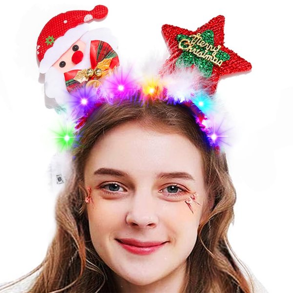 JONKY Santa Christmas Headbands for Women Light Up Xmas Headband Red Star Headpiece Holiday Hair Band Glowing Costume Party Hair Accessory