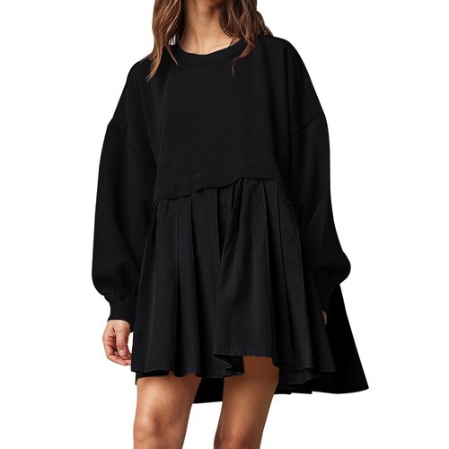 Dokuritu Sweatshirt Dress Women Crew Neck Long Sleeve Patchwork Pullover Tops Flowy Oversized Sweatshirt Mini Dress Black