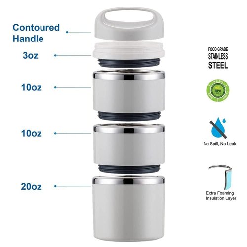 Lille Home Stackable Stainless Steel Thermal Compartment Lunch/Snack Box, 3-Tier Insulated Bento/Food Container with Lunch Bag, Cutlery Set and 3 Extra Seals, 43OZ (Gray)