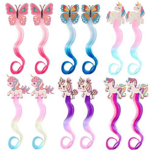 12PK Butterfly Unicorn Curly Hair Clips - Colored Curly Hair Extensions Clips, Cute Unicorn Accessories Hair Extensions for Kids Ponytails Girls, Rainbow Thick Wig Clip in Fake Bangs