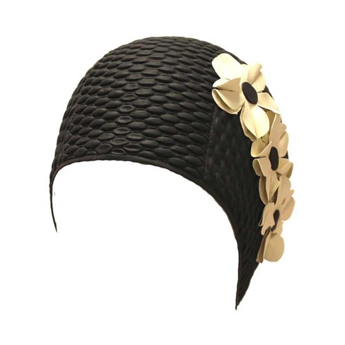 Luxury Divas Black & White Latex Swim Cap with Flowers