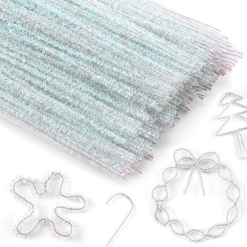 Cindeer 600 Pcs Glitter Pipe Cleaners for Crafts 12 Inch Tinsel Chenille Stems Silver Metallic Pipe Cleaners Bulk for Christmas DIY Crafts Supplies Arts Decorations