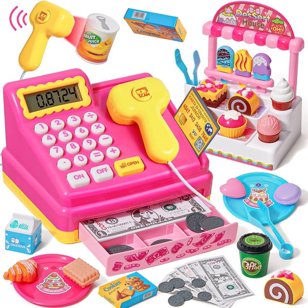 SVMK Kids Cash Register Toy Ice Cream Shop Toddlers Pretend Play Shopping Playset with Scanner Fake Money Calculator Desserts, Birthday Gift for 3 4 5 6+ Year Old Girls