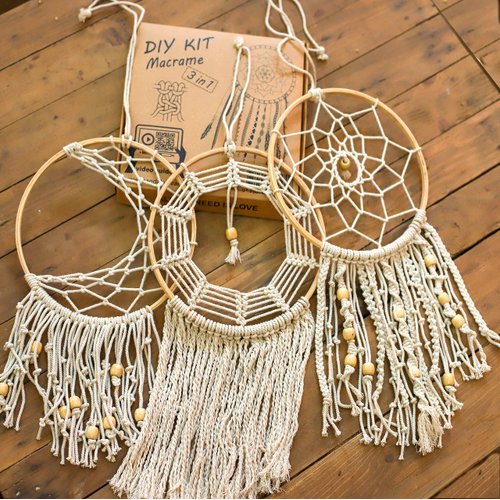 Mandala Life ART DIY Beginners Macrame Dream Catcher Kit - Set of 3 Wooden Rings Rope and Beads - Make Your Own Bohemian Wall Hanging -Hobby