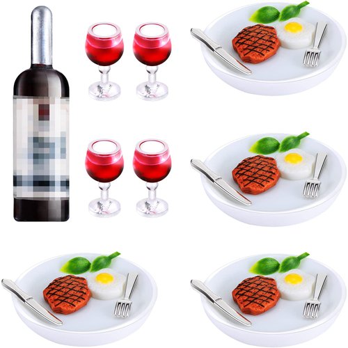 33 Pieces Dollhouse Miniature Food Drinks Set Mini Wine Bottles Miniature Wine Glasses Miniature Plates Mini Knife Fork Steak Eggs Vegetable for Mini Kitchen Decoration Accessories Dollhouse Decor