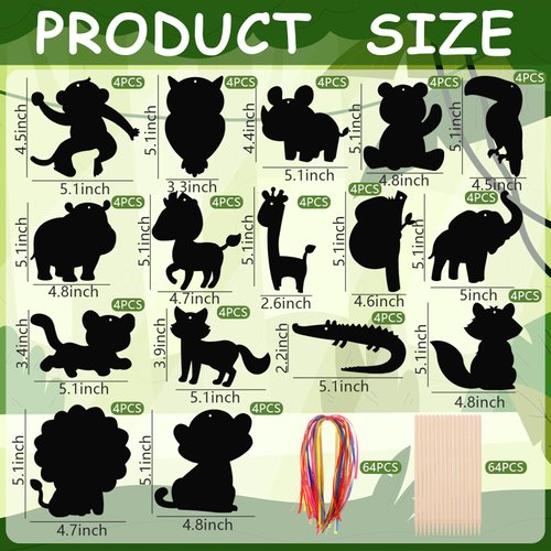64 Pcs Wild Animal Scratch Cards DIY Rainbow Color Scratch Art Card Jungle Safari Animal Painting Scratch Off Paper for Kids Art Craft Kit with 64 Wood Stylus Ribbon for Home School Decor Party Favors