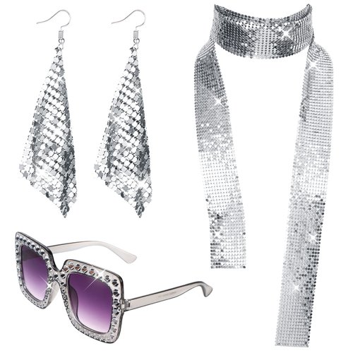 1970s Disco Costume Set Disco Accessories Oversized Sunglasses Long Scarf and Earrings 70s Women's Jewellery Sets Lady Disco Party Fancy Dress Kit for 70/80s Disco Retro Cosplay Costumes Outfits