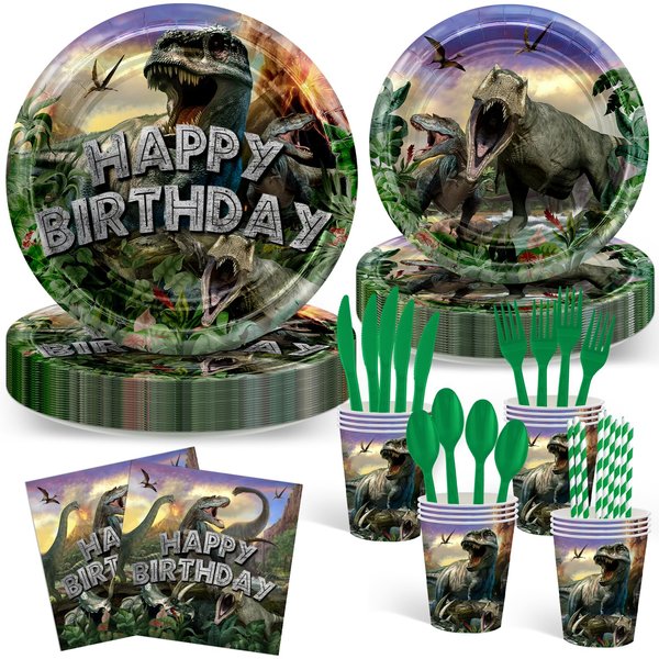 Avezano 192 Pcs Dinosaur Birthday Party Supplies Jurassic Dinosaur Plates and Napkins for Birthday Party Dinosaur Theme Birthday Party Decoration for Kids Serves 24