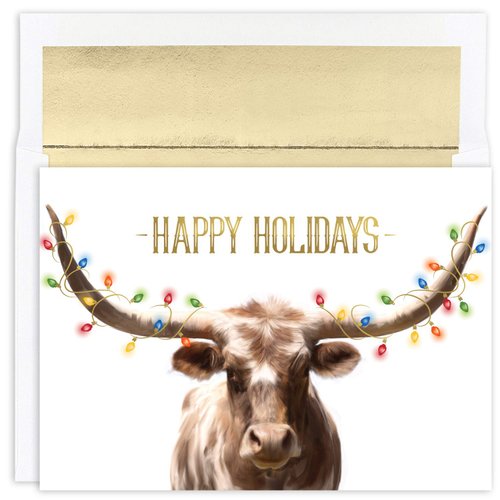 Masterpiece Studios Warmest Wishes 18-Count Christmas Cards with Foil-Lined Envelopes, 7.8" x 5.6", Longhorn Steer in Lights