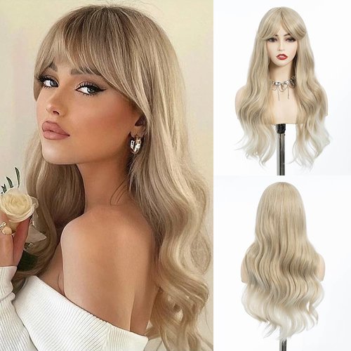 Blonde Wig with Bangs 24 Inch Long Blonde Wavy Wigs for Women Curly Synthetic Wig Natural Looking...