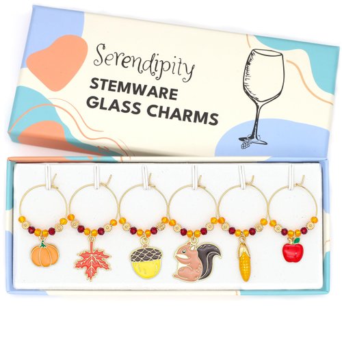Thanksgiving Wine Glass Charms, Harvest Glass Markers, Thanksgiving Hostess Gift, Fall Glass Identifiers, Table Decoration, Set of 6 in a Gift Box