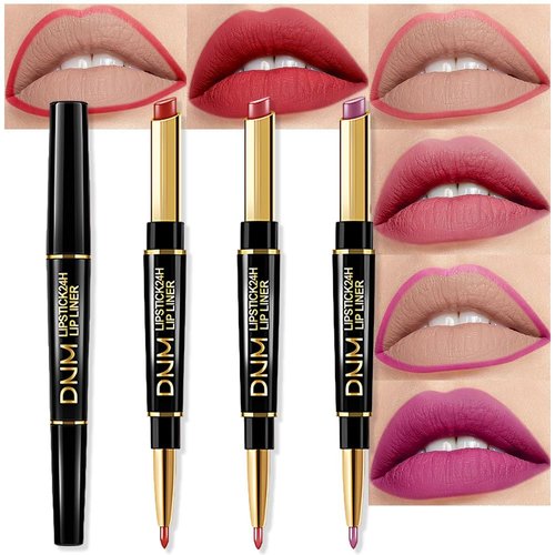 evpct 3Pcs Mauve Plum Red Purple Matte Lip Liner and Lipstick Combo Set Kit for Women, DNM Neutral Magic Lipstick 24 Hours Original Lips Liner Pencil Stain Gloss Plumper Makeup Long Lasting Waterproof