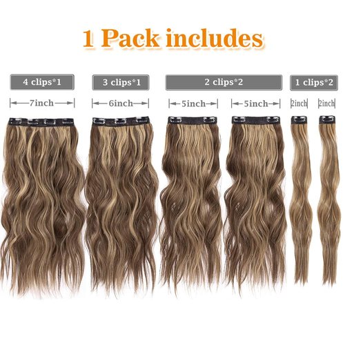 6Pcs Hair Extensions Clip Ins Clip In Hair Extensions Honey Blonde Mixed Light Brown 20 Inch Long Wavy Synthetic Hair Extensions Double Weft Hair Extension (6Pcs,20Inch,22H10#)