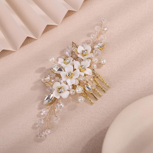 Teyglen Flower Bride Wedding Hair Comb Crystal Bridal Side Comb Gold Rhinestone Pearl Hair Piece Leaf Flower Headpiece Floral Hair Accessories for Women (Gold)