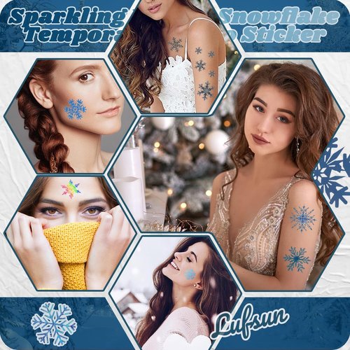 180 Pcs Glitter Snowflake Temporary Tattoos 3 Sheets Cute Winter Snowflake Tattoos Stickers for Women Girls Kids Face Body Christmas Party Favors