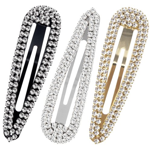 HINZIC 3Pcs 2.4Inch Rhinestone Hair Clips Silver Black Gold Snap Barrettes for Women Water Drop Wedding Prom Engagement Dance Party Decorative Hair Pins Accessories for Bridal Teen Girls