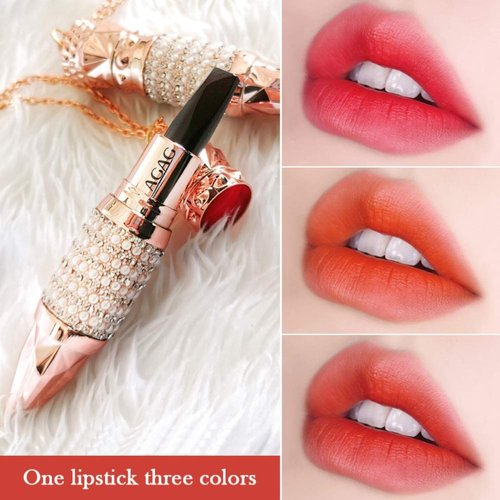 Ofanyia 3 Colors IN 1 Lipstick Color Changing Black Lipstick Waterproof Non Stick Cup Moisturizing Lips Makeup Shiny Diamond Cover Design Matte Velvet Lipstick for Sexy Women