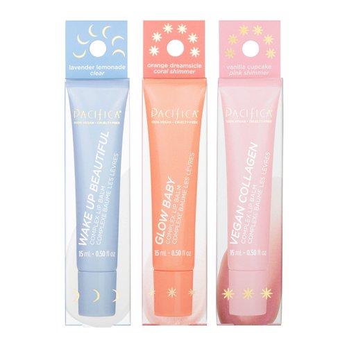 Pacifica Beauty Complex Lip Balm Trio Set, Makeup, Glow Baby, Wake Up Beautiful, Vegan Collagen, Lip Gloss, Orange, Lavender, Lemon, Vanilla, Non Sticky Formula, 0.30 fl oz Each (Set of 3)