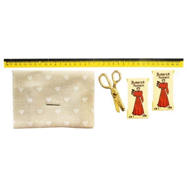 Melody Jane Dollhouse Material Pattern Scissors & Tape Measure Sewing Dressmaker Accessory