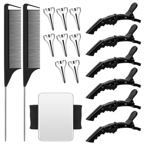 Coldairsoap 17 Piece Hair Tool Set - Sectioning Rings, Metal Combs, Clips and Magnetic Wrist Pin Holder for Braiding (Black)