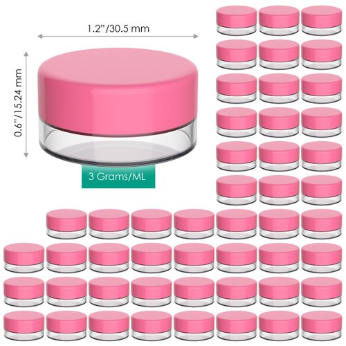 Houseables 3 Gram Jar, 3 ML, Pink, 50 Pk, BPA Free, Cosmetic Sample Empty Container, Plastic, Round Pot, Screw Cap Lid, Small Tiny 3g Bottle, for Make Up, Eye Shadow, Nails, Powder, Paint, Jewelry