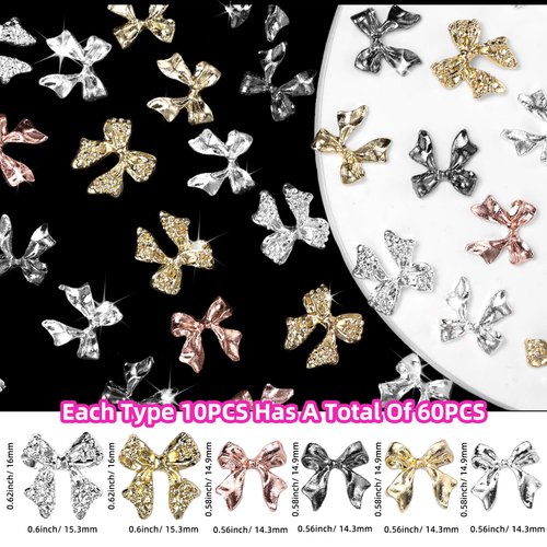 UOTEY 60 Pcs Metal Bow Nail Charms, Alloy Nail Bows 3D Golden Silver Gray Bowknots Charms for Nails, Luxury Shiny Bow Tie Nail Gems Charms, Nail Art Accessories Manicure Nails DIY Charms
